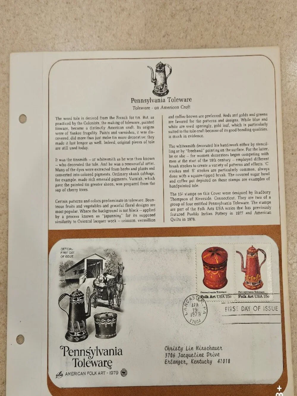 RARE COLLECTIBLE USPS 1ST DAY ISSUE COVER PENNSYLVANIA TOLEWARE FOLK ART STAMP 1